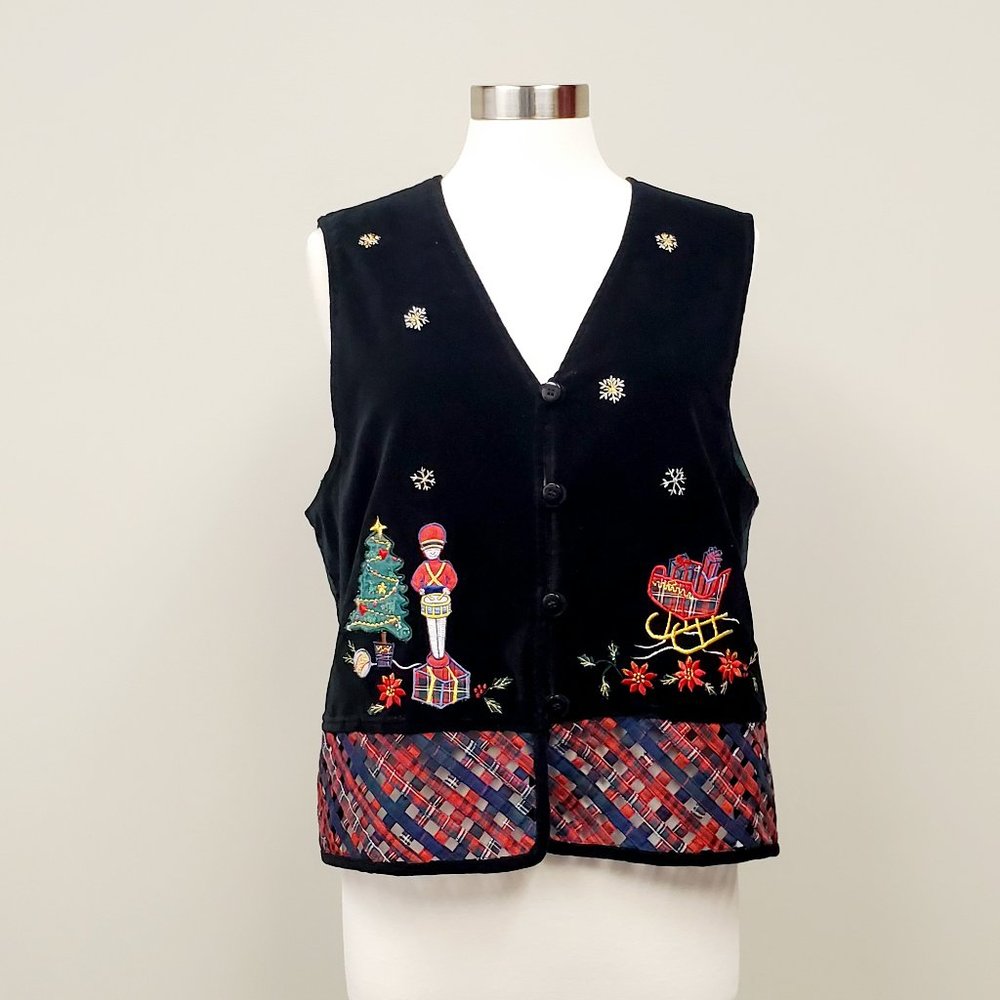 Ugly Christmas Vest Tartan Plaid Black Velvet Drummer Boy Sleigh Vintage Sz L